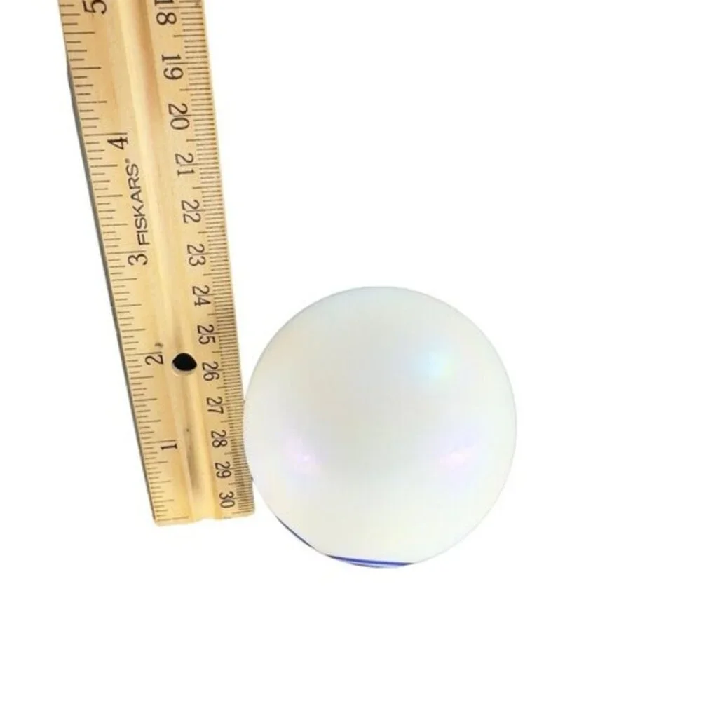 Vintage Art Glass Paperweight Round Orb White‎ Iridescent With Blue Swirls Lines